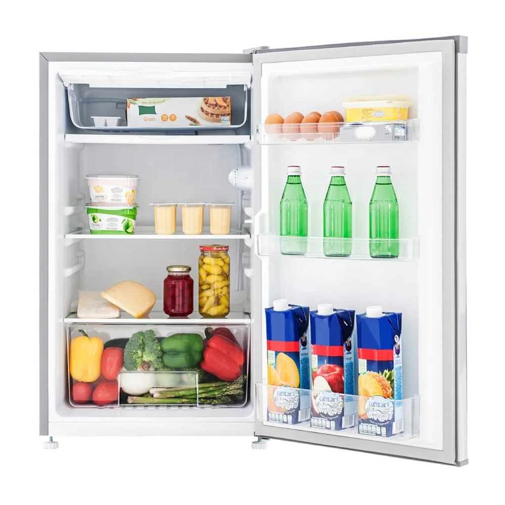 1200Wx1200H B Mabe Frigobar 93L Inox RMF04PRX0 Frente abierto con producto