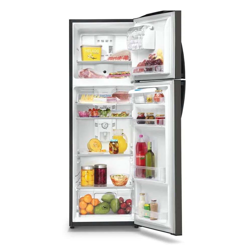 1200Wx1200H B Mabe Refrigeradores 313L Grafito RMA300FBPG1 Frente Abierto con Producto