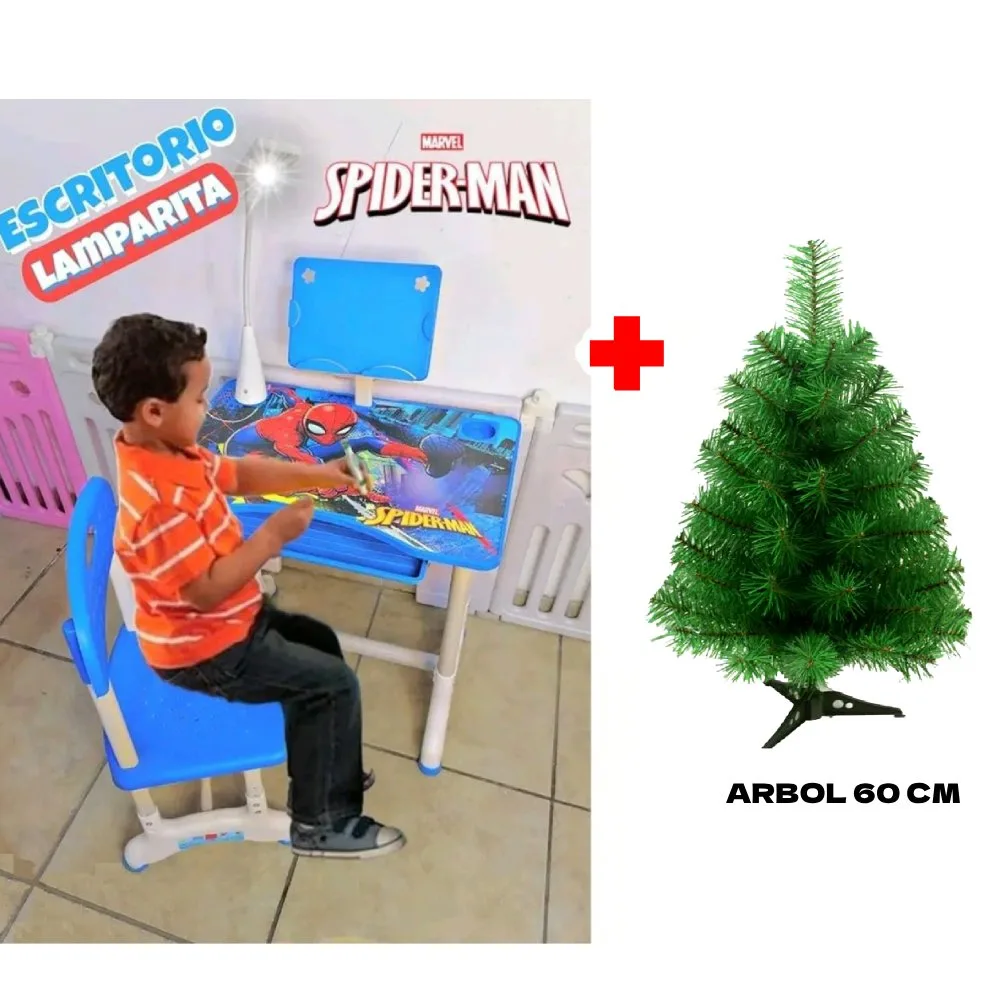 Escritorio Escolar Ergonomica Ajustable Con Silla Y Lampara Spiderman Incluye Arbol 60cm de Alto