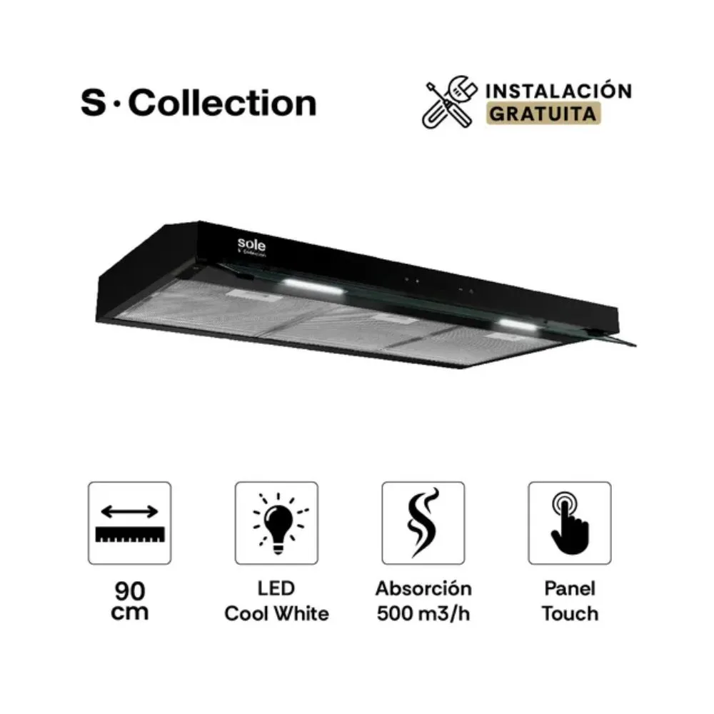 Campana Extractora Sole TURE19CO 90cm Diseno Slim Black 2 Motores Potentes Panel Digital Touch y Alta Eficiencia de