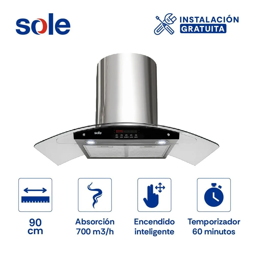 Campana Extractora Venus Plus Sole 90cm Diseno Elegante 3 Niveles de Absorcion Encendido Smart y Alta Potencia de