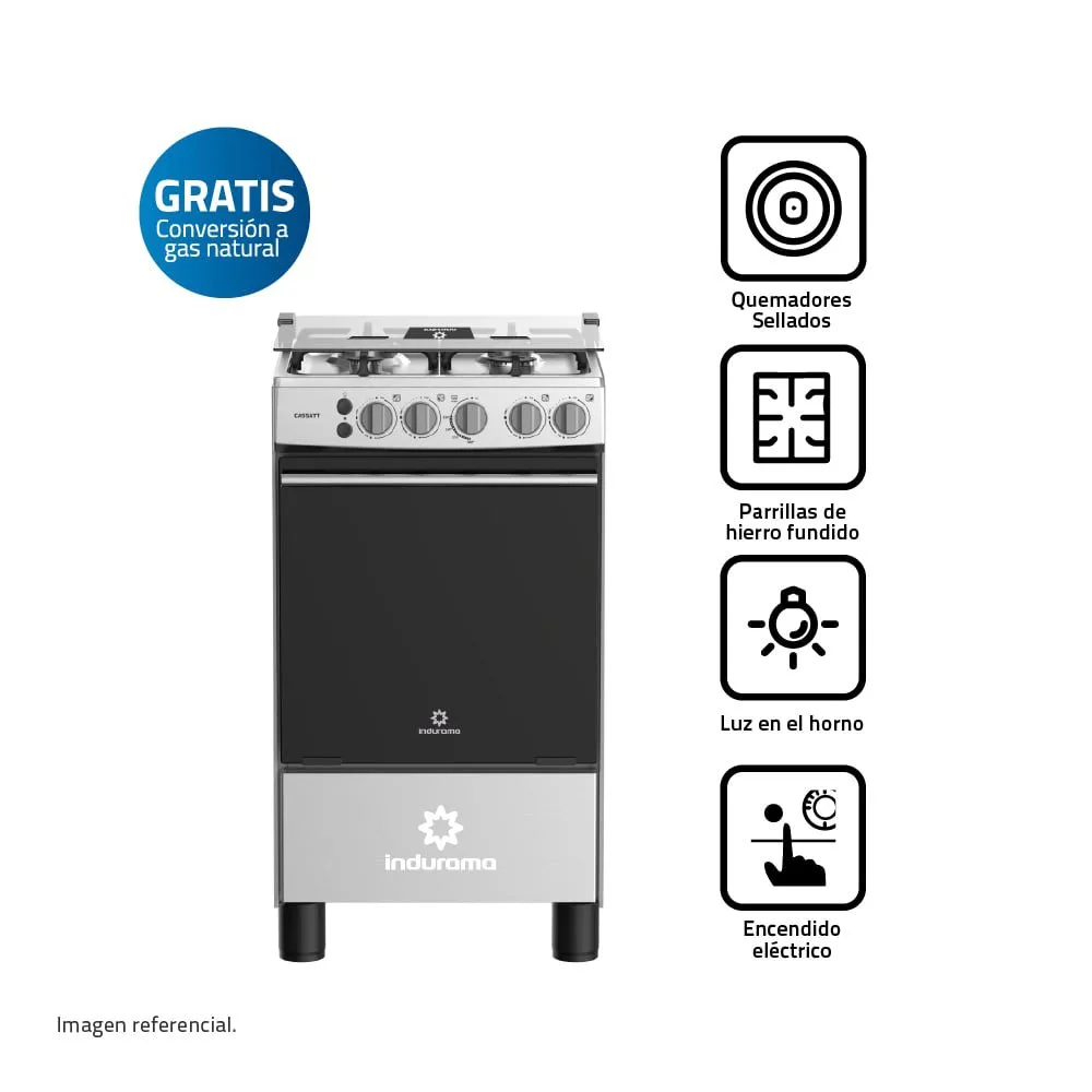 Cocina Indurama Cassat a gas Croma con 4 quemadores sellados acero inoxidable y vidrio templado – Horno con doble vidrio templado y termo control