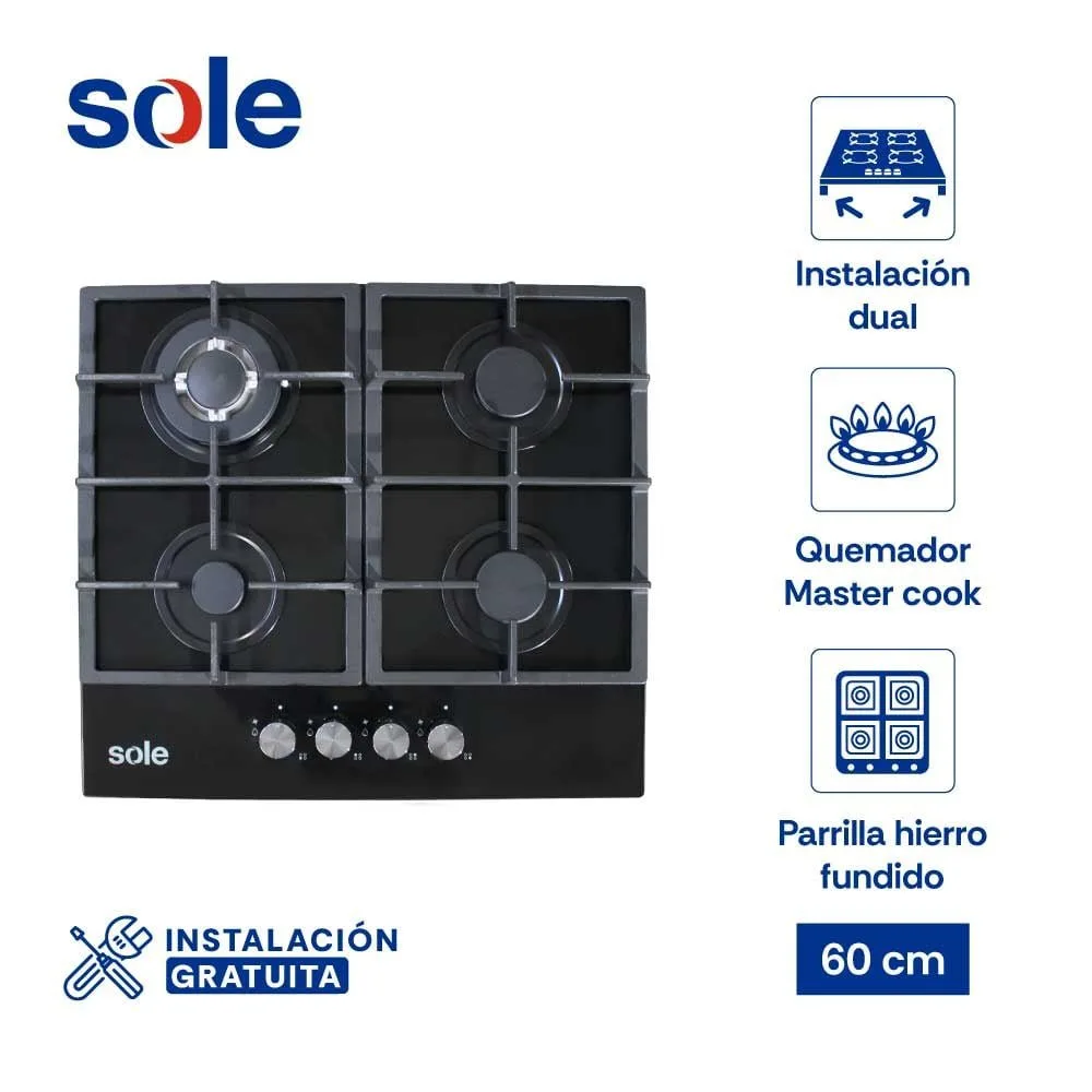 Encimera Empotrable a Gas GLP Sole SOLCO045V2 4 Quemadores con Vidrio Templado y Parrillas de Hierro Fundido