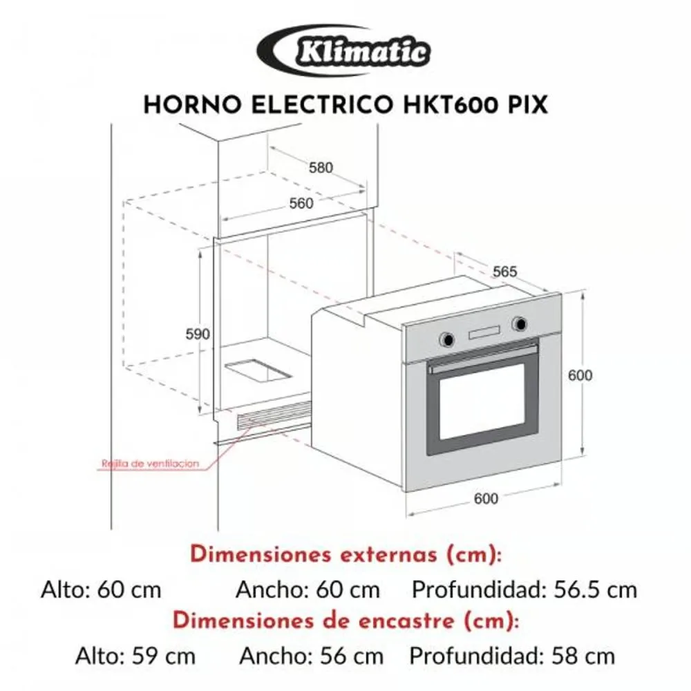 Horno Empotrable Electrico Klimatic HKT600 PIX 7 Funciones Grill Turbo Ventilador Timer Automatico y Luz Interior 3