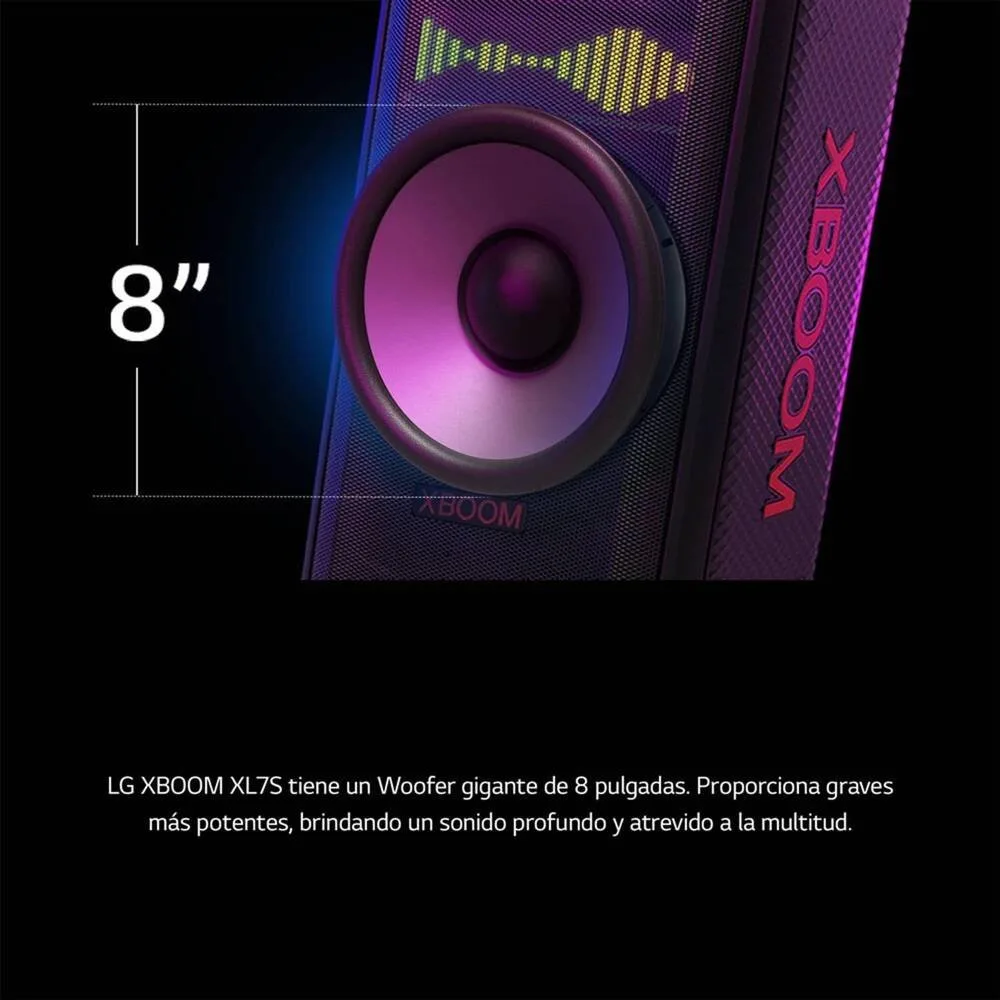 Parlante Bluetooth LG XBOOM XL7S 250W con Iluminacion Pixel Art IPX4 Asa Telescopica y Ruedas 7