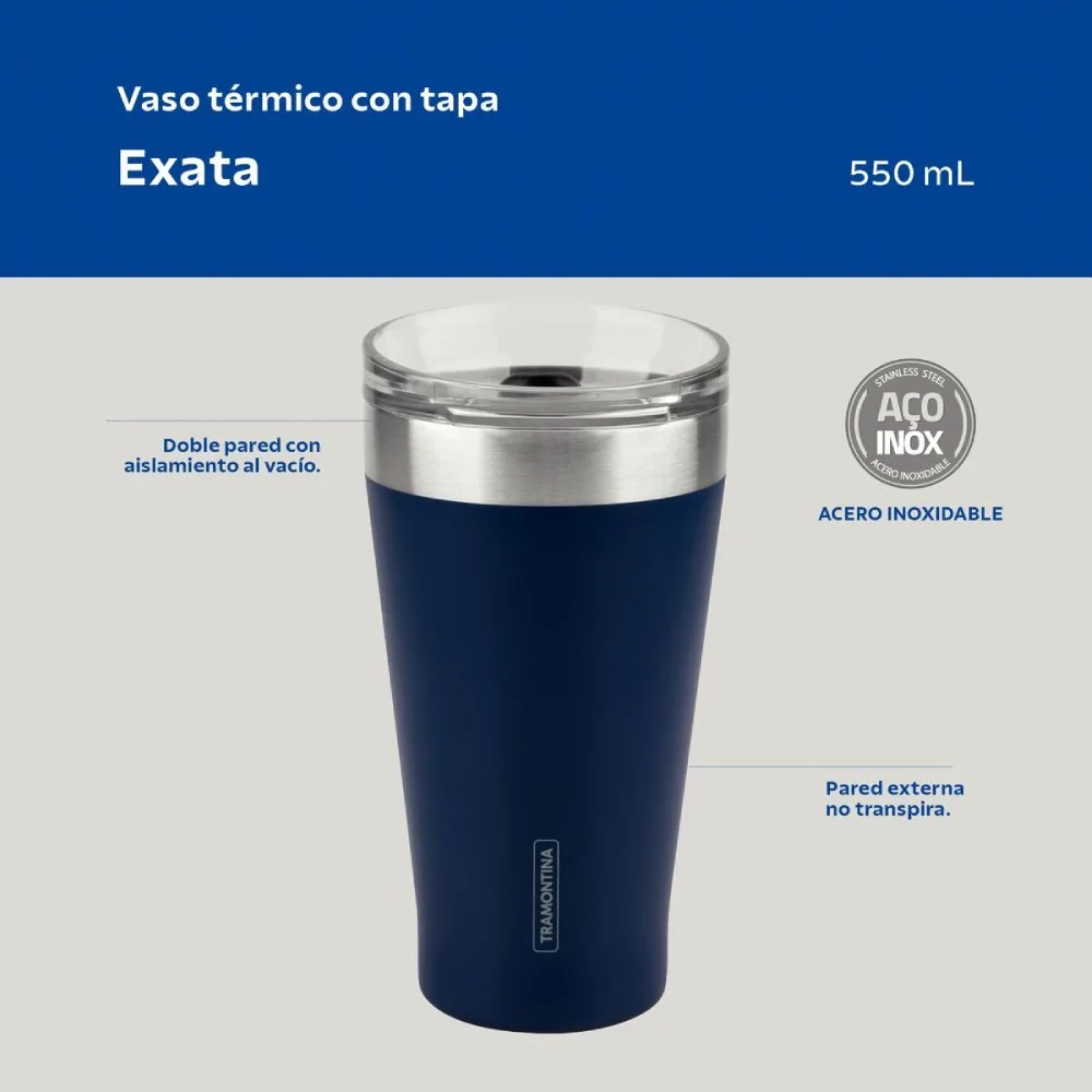 Vaso Termico de Acero Inox con tapa 500 ml Azul Exata Tramontina es un accesorio ideal para quienes disfrutan de bebidas en movimiento 2