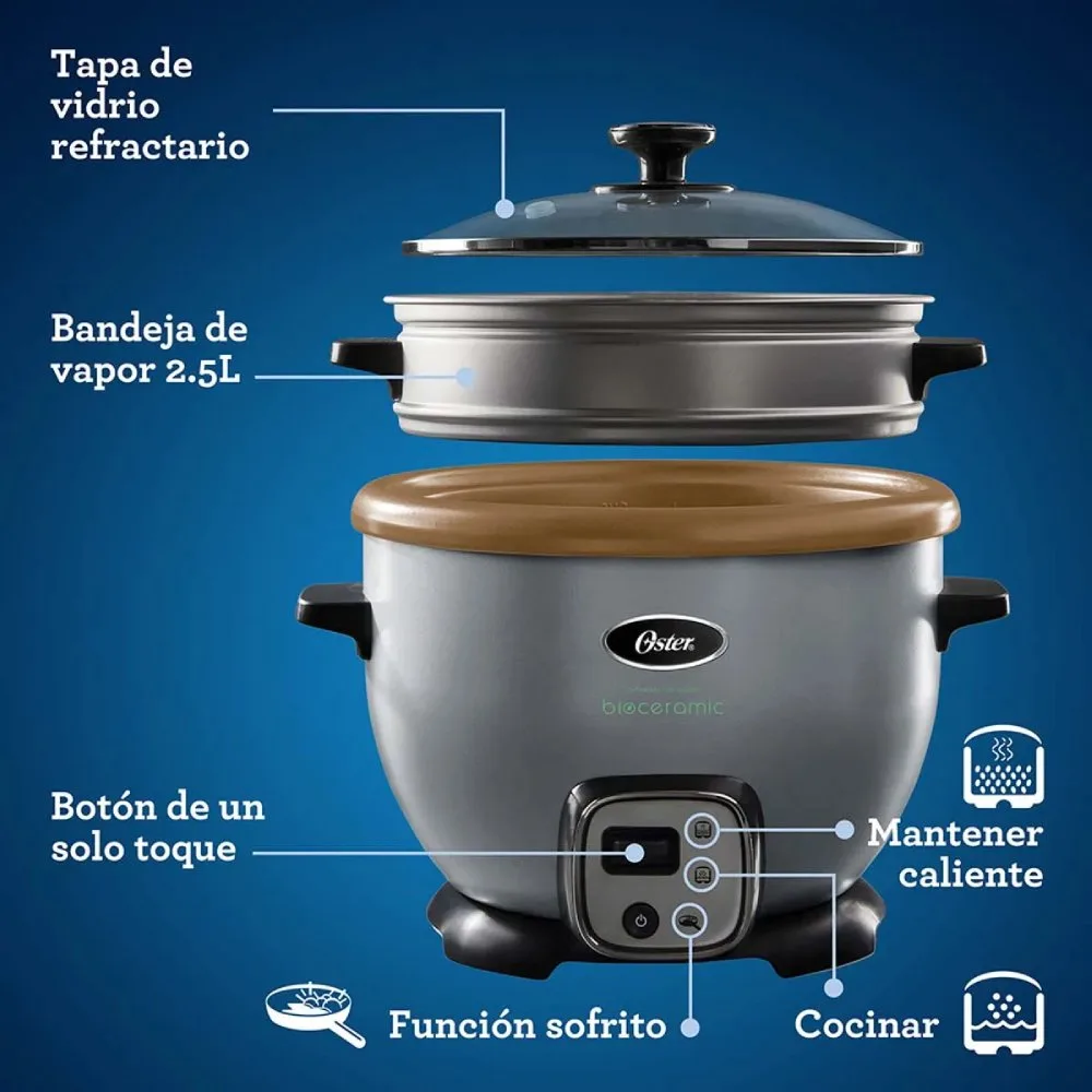 Arrocera Multiusos Oster® 10 Tazas con Funcion Sofrito Recubrimiento Bioceramic® Infundido con Aceite de Oliva y Bandeja de Vapor CKSTRC7129S 1