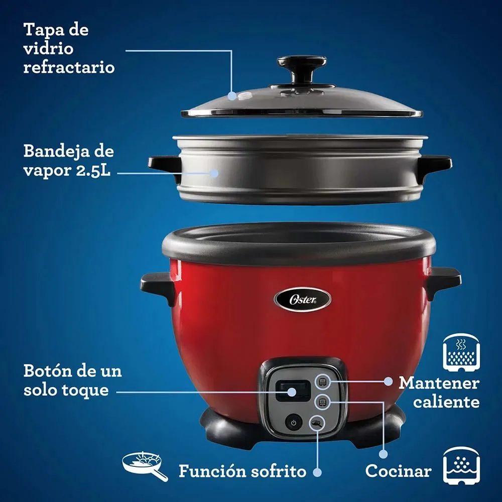 Arrocera Multiusos Oster® Roja con Funcion Sofrito 12 Tazas Bandeja de Vapor y Recubrimiento Antiadherente CKSTRC7030R 9