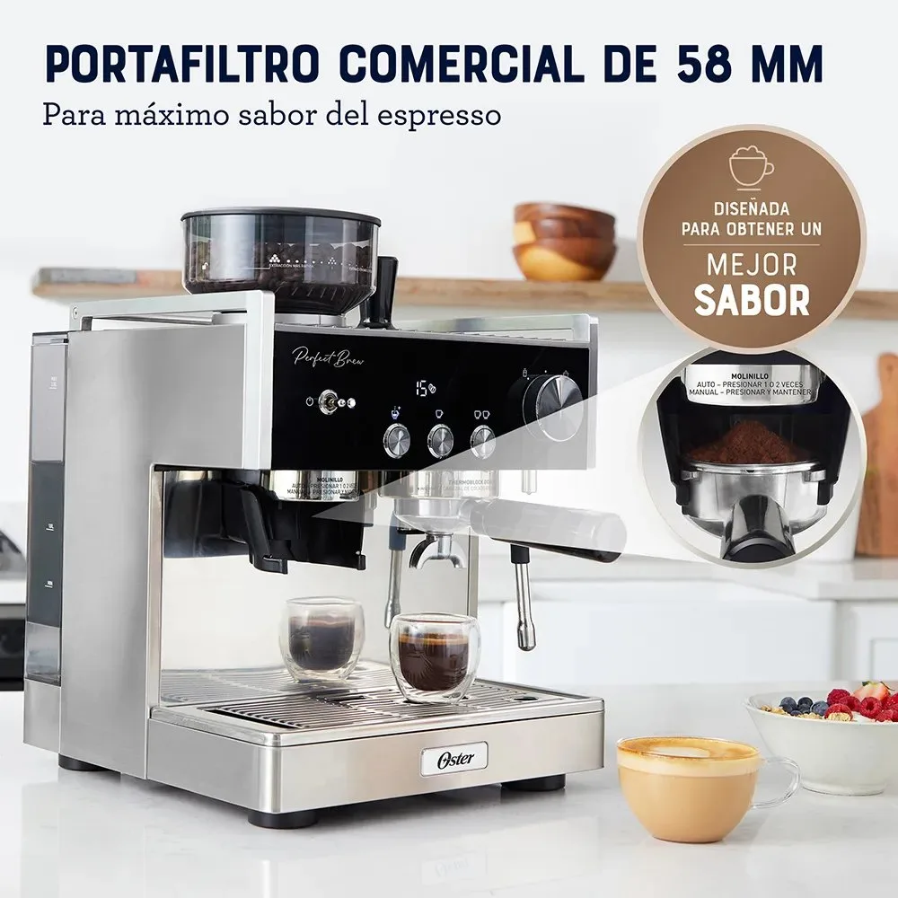 Cafetera para Espresso Oster® Perfect Brew Maxima BVSTEM7400 con Molinillo Conico y Sistema Thermoblock Doble 4