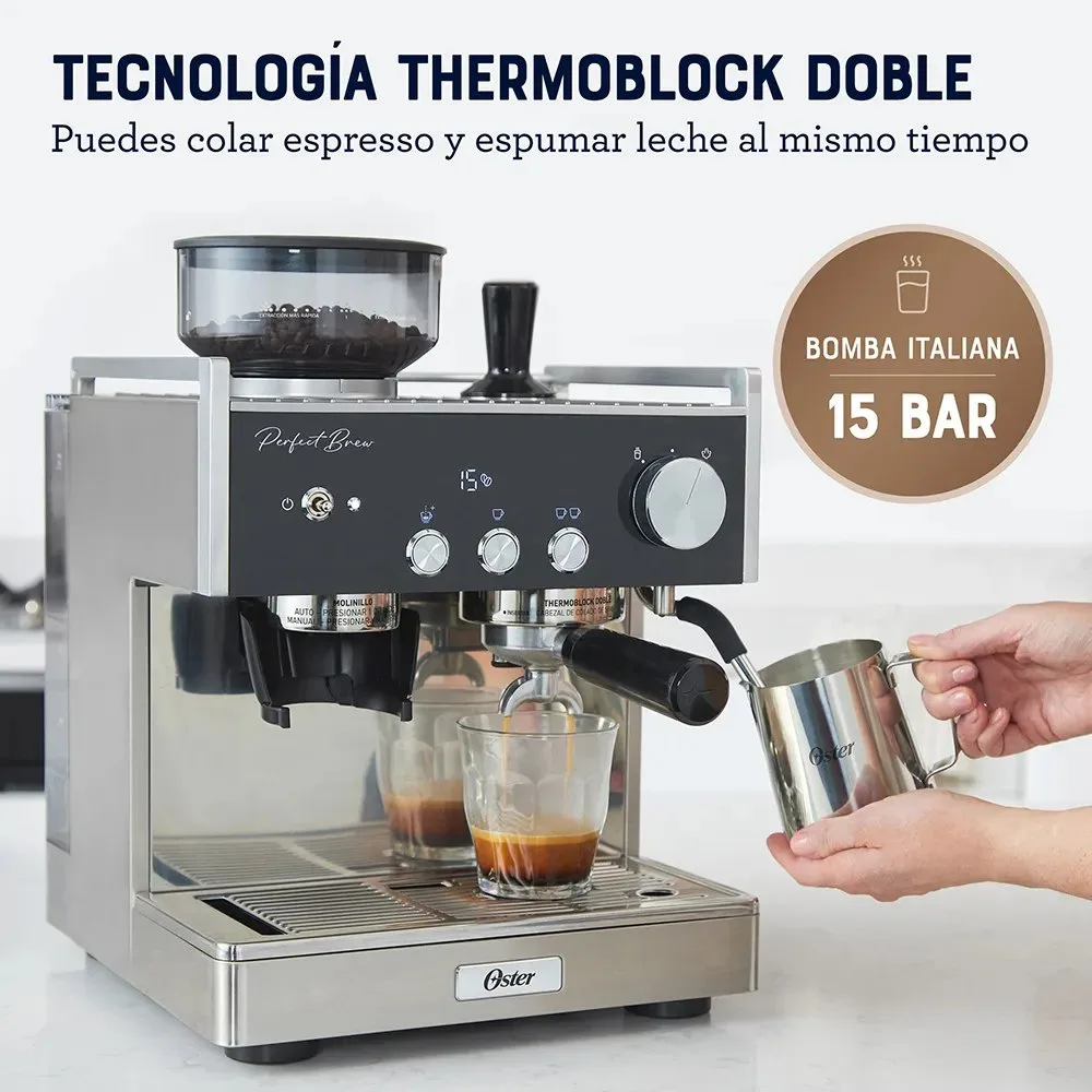 Cafetera para Espresso Oster® Perfect Brew Maxima BVSTEM7400 con Molinillo Conico y Sistema Thermoblock Doble 5