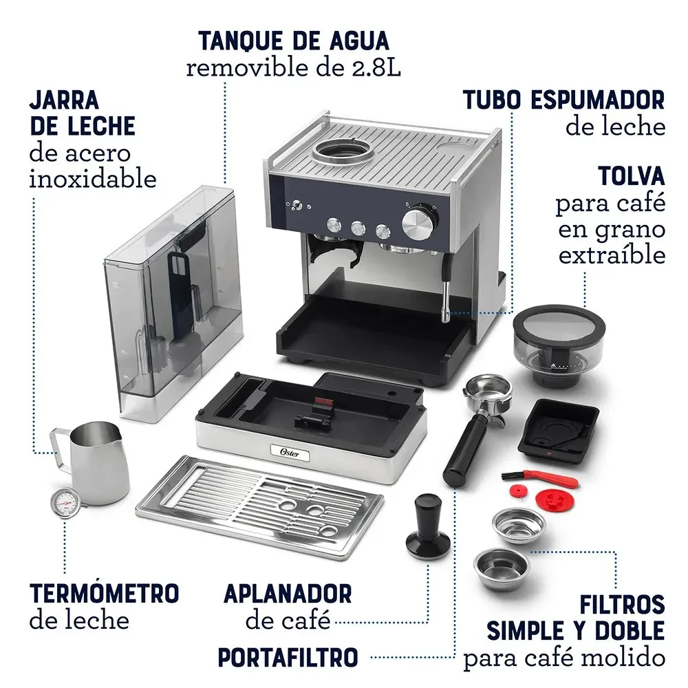 Cafetera para Espresso Oster® Perfect Brew Maxima BVSTEM7400 con Molinillo Conico y Sistema Thermoblock Doble