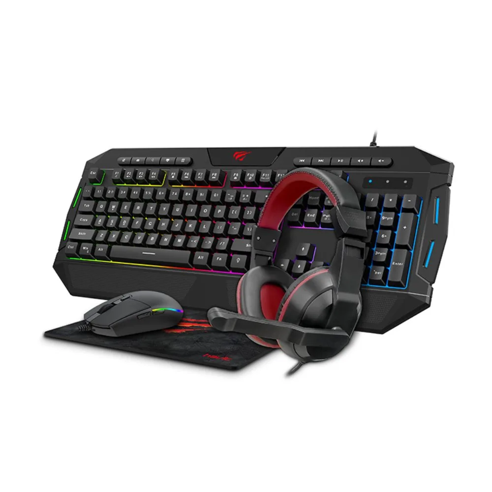Combo Gaming 4 en 1 Havit KB501CM Teclado RGB Mouse 2400 DPI Auriculares con Sonido de Alta Calidad y Alfombrilla Antideslizante